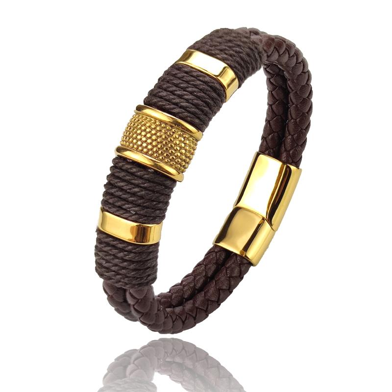 Fashion 2layer Leather Bracelets with Stainless Steel Magnet Trendy Multilayer Bracelet Homme Jewelry Male Bangle Wholesale Bulk