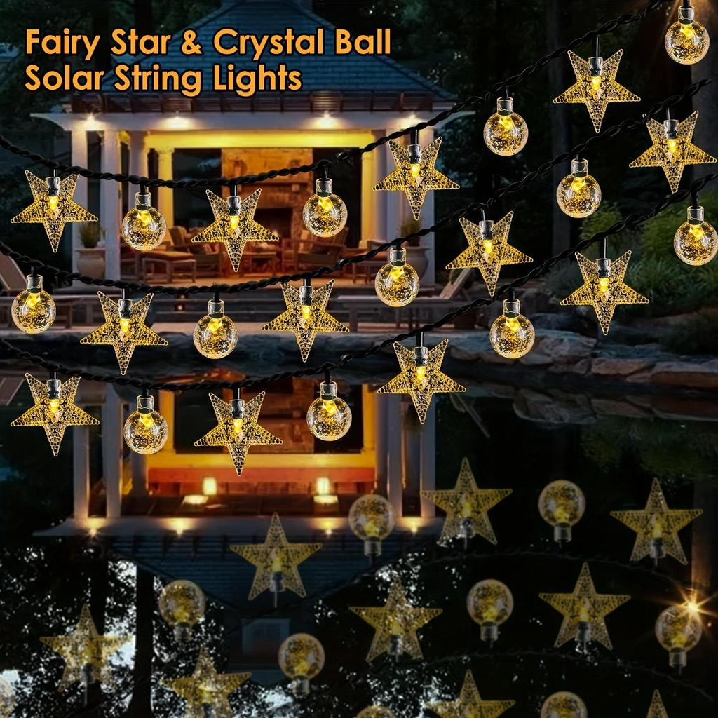 Guirlande Lumineuse LED Féerique Solaire Boule de Cristal Étoile Éclairage Extérieur Étanche pour Arbre de Noël Décoration de Mariage