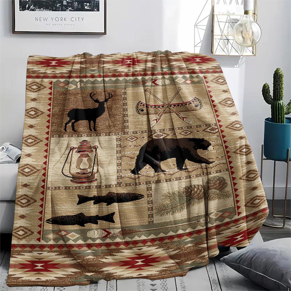 1Pc Cabin Bear Print Flannel Blanket, High Quality Comfortable for All Seasons, Home Decor, Warmth and Comfort, Perfect for Gifts