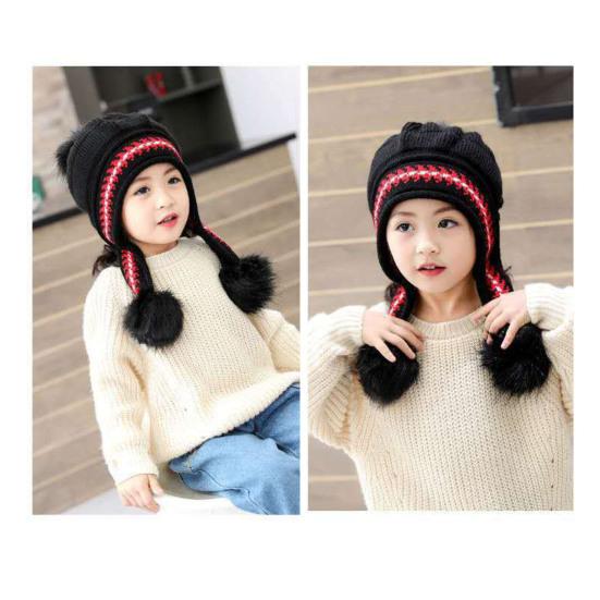 3-12 Years Autumn Winter Kids Beanie Hairball Solid Color Thickened Fleece Lined Jacquard Baby Girls Knitted Hat for Outdoor