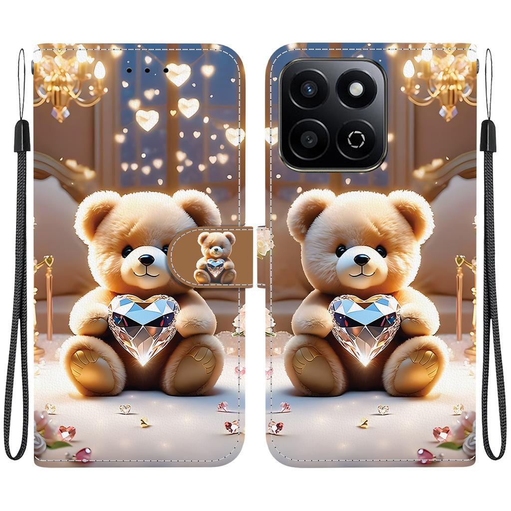 Handmade PU Leather Flip Case for Honor X7c Anti-Slip Shockproof Cover with Wrist Strap & Heart/Rose Cat Designs