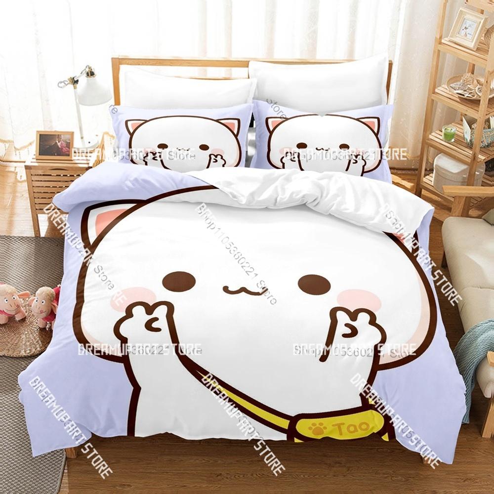 Fashion Adorable Peach And Goma Cat Bedding Set Single Twin Full Queen King Size Bed Set Kids Bedroom Duvetcover Sets Bed