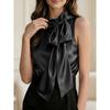 Womens Red Sleeveless Satin Blouse With Bow Neck Detail Elegant Formal Casual Top
