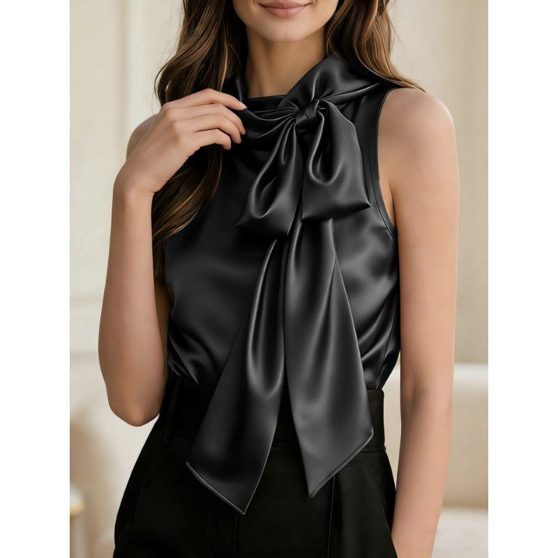 Womens Red Sleeveless Satin Blouse With Bow Neck Detail Elegant Formal Casual Top