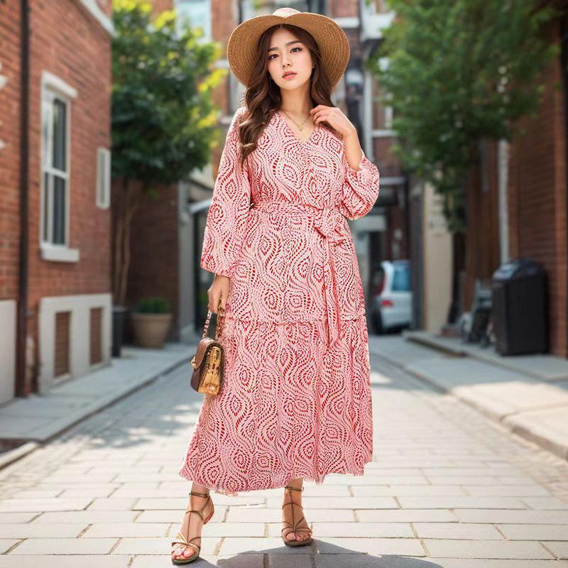 

Женское платье больших размеров на весну и осень в стиле бохо с V-образным вырезом и длинными рукавами, свободные длинные платья для отдыха 4XL розовый