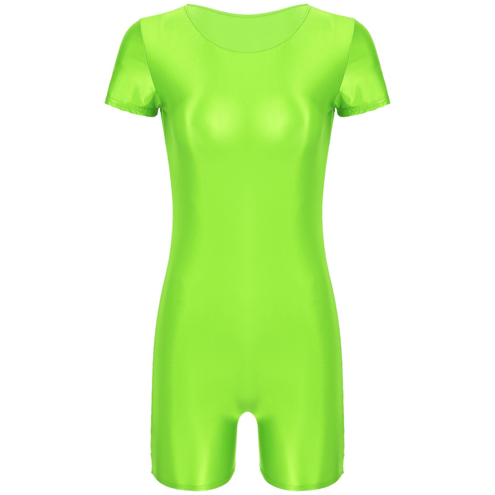 

Глянцевий жіночий боді з круглим вирізом і короткими рукавами для плавання, бігу йоги L флуоресцентний жовтий колір