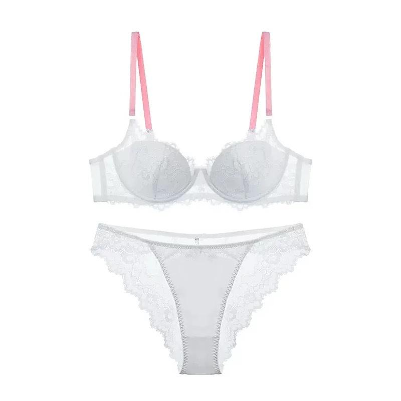 

Sexy lace underwear French dopamine contrasting color large size underwear small chest showing large gathering bra cover S білий