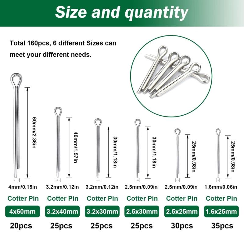 160Pcs 6 Size 304 Stainless Steel Cotter Pin Clip Key Fastener Fitting Assortment Kit for Car Mechanic Garden