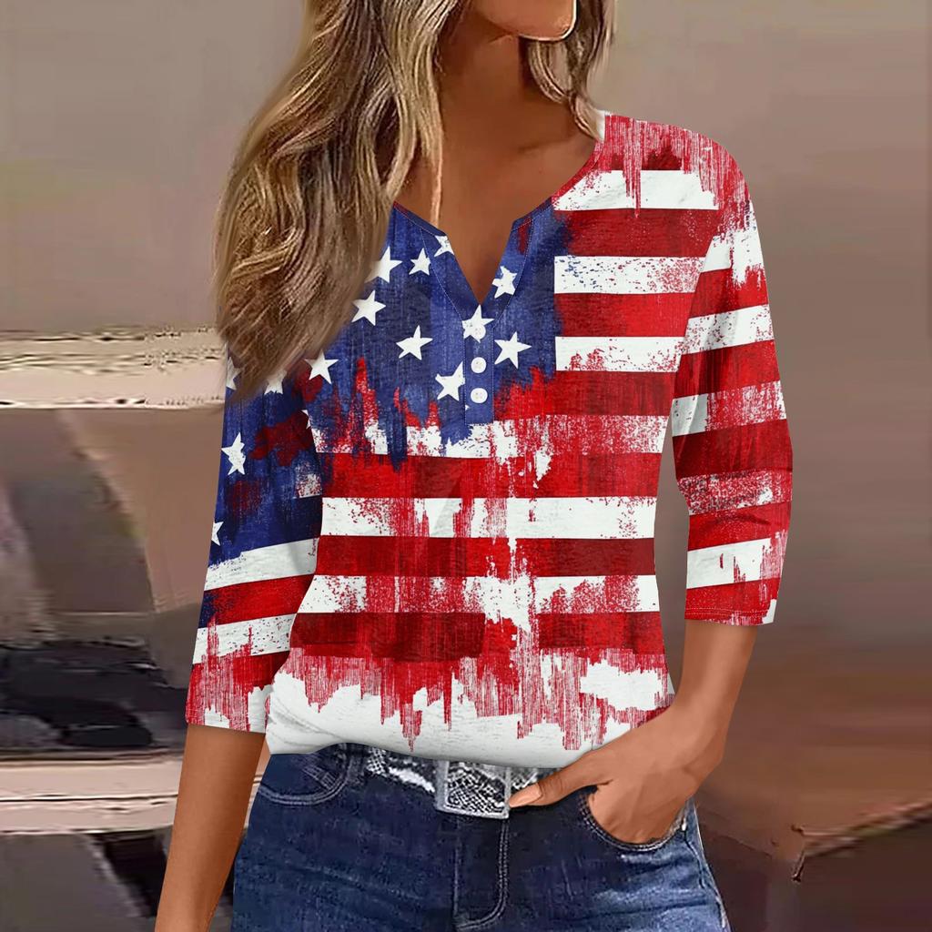 T-skjorte for kvinner T-skjorte med knapp 3/4 ermer Daglig helgmote Basic V-hals vanlig topp