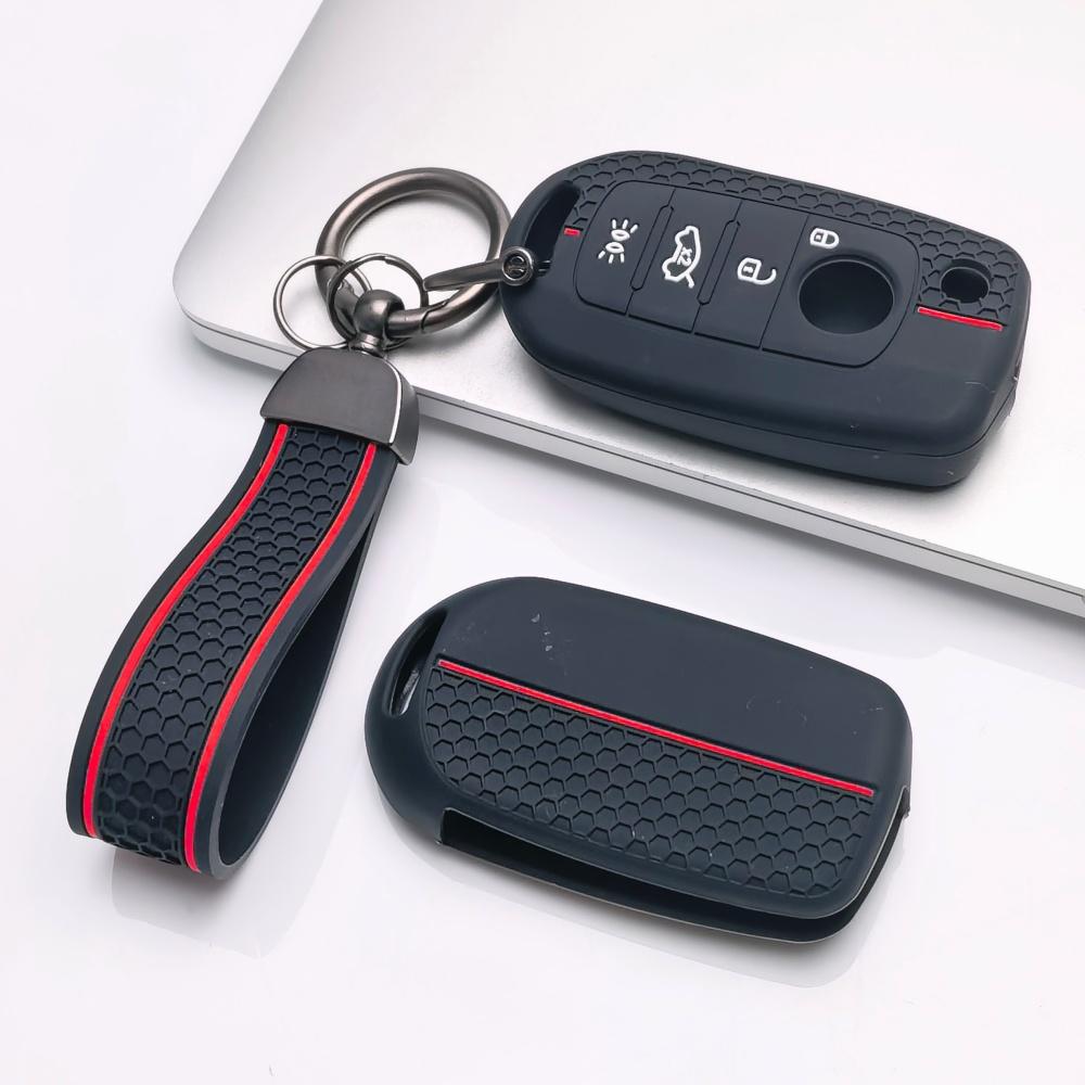 Silicone Key Fob Cover with Keychain for 4-button Flip Remote, Anti-Scratch & Anti-Drop Protective Case for Jeep Renegade Compass for Fiat 500X Toro