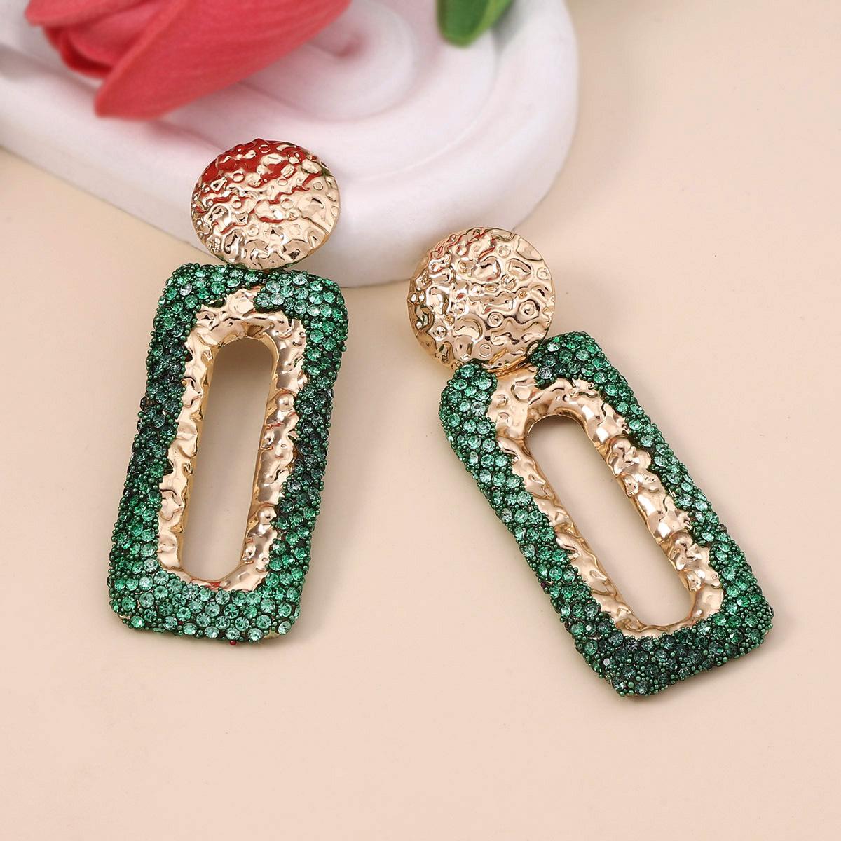 

Colorful full diamond hollow glass crystal geometric rectangular earrings Retro medieval temperament earrings women зелений