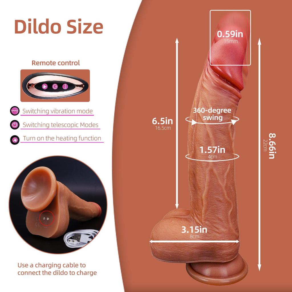 Automatisk Teleskopisk Swing Dildo Trådløs Fjernkontroll Oppvarming Vibrator Sugekopp Realistisk Penis Sexleketøy for Kvinne 18