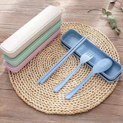 1Set Portable Color Wheat Straw Tableware Fork Spoons Chopsticks Plastic Portable Tableware Set