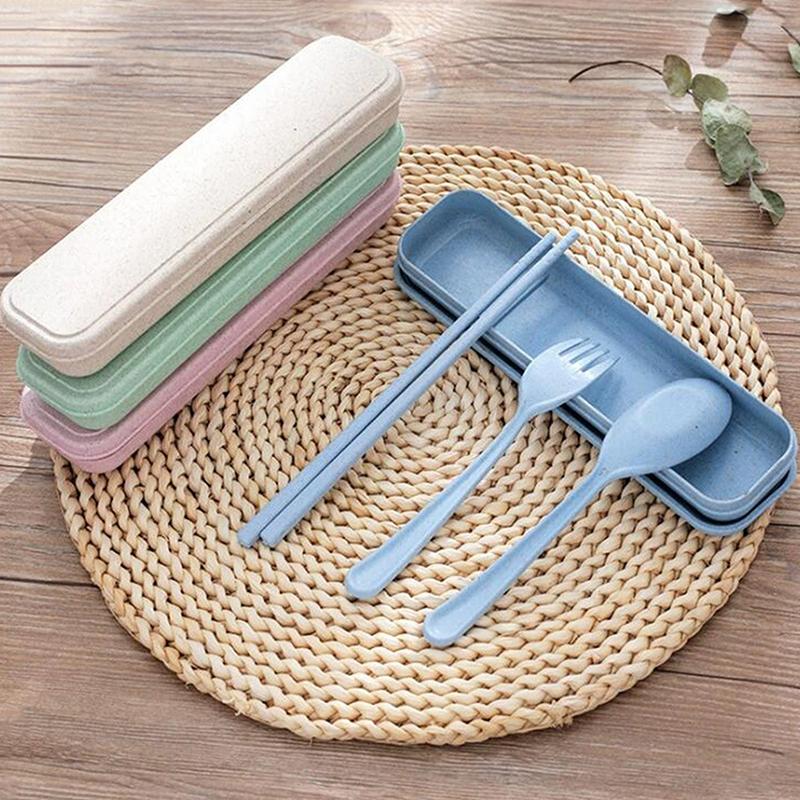 Wheat Straw Tableware Fork Spoons Chopsticks Plastic Portable Tableware Set