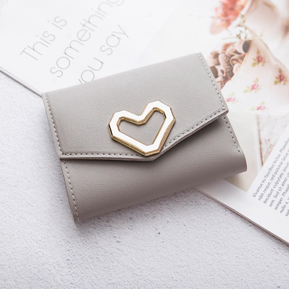 Fashion PU Leather Square Trifold Wallet 5 Colors Heart-Shaped Short Wallet Coin Purse Women Girls