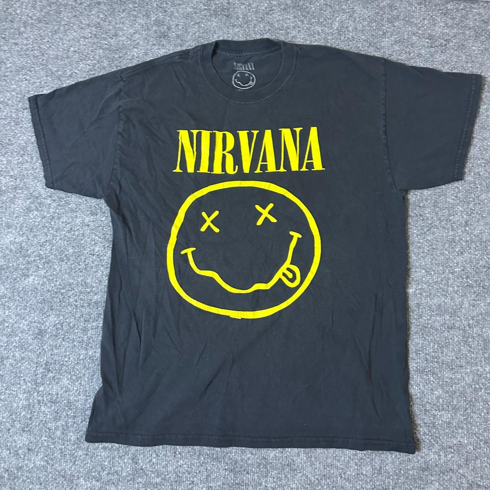 Nirvana T Shirt Mens Size L Black Yellow Smiley Face Logo Graphic Rock Band Tee S
