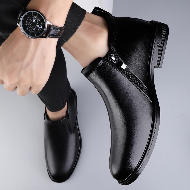Fashion Winter Mens Genuine Leather Boots Classic  High Quality Ankle Boots with Zippers New Fashion Warm Plush Fur High Top Male Botas
