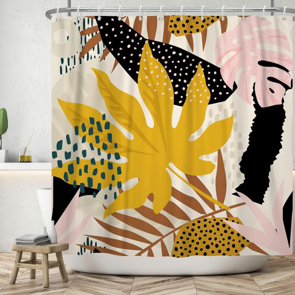 Bohemian Shower Curtain Abstract Art Medieval Tropical Plants Washable Bathtub Shower Curtain with Hook 180x180cm
