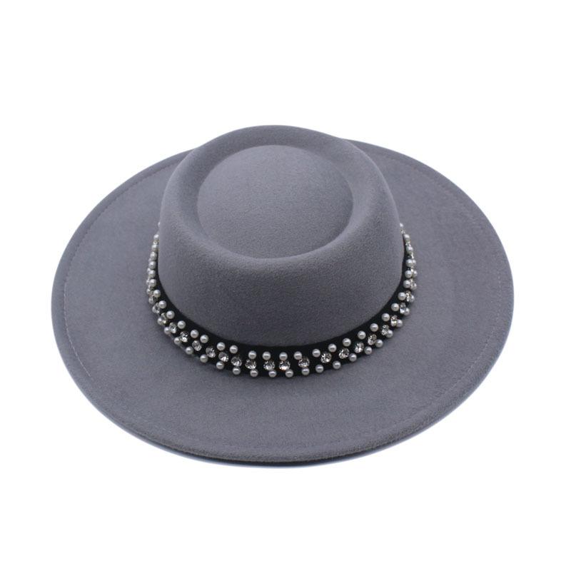 European and American New Autumn and Winter Wool Woolen Big-brimmed Jazz Hat Female Concave Top Black Top Hat Pearl Rhinestone Felt Hat