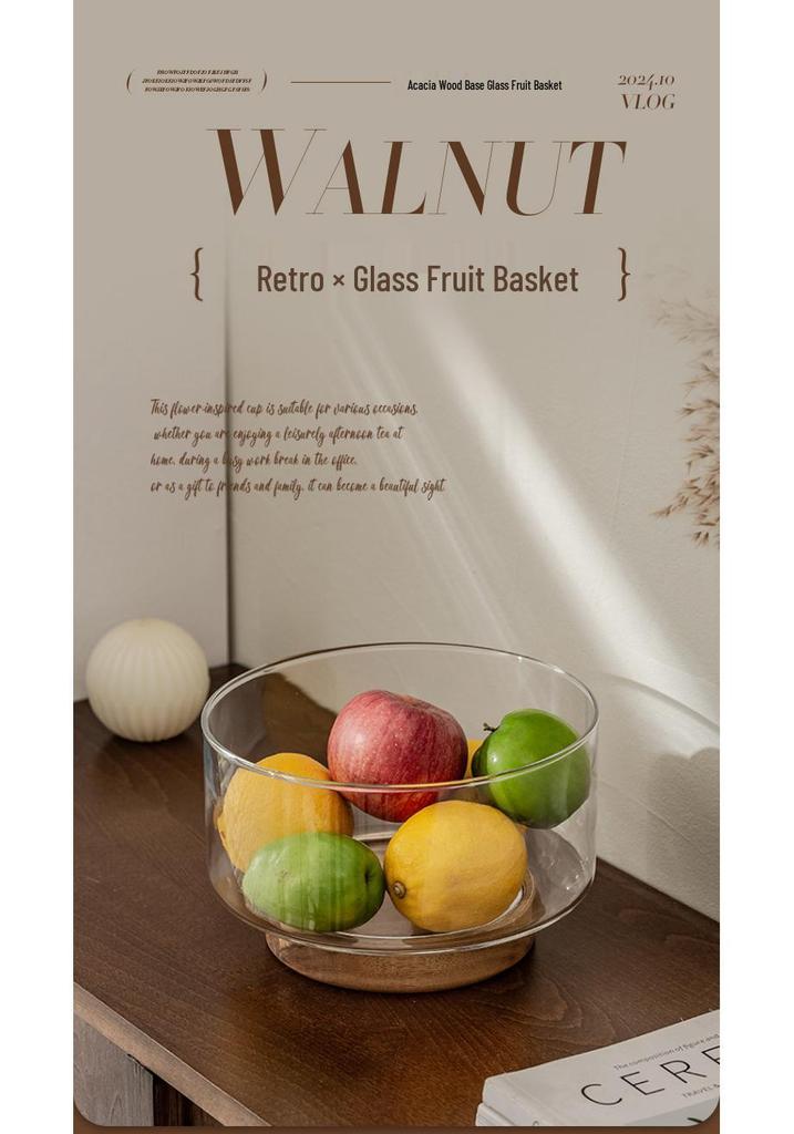 Erhöhte Glas-Obstschale mit Holzsockel - Süßigkeitenschale & Dessertteller