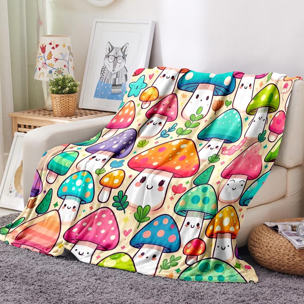 Fun Mushroom Digital Print Throw Blanket, Soft Cozy Warm Blanket for Bed Sofa Couch Camping, Birthday Holiday Gift, 1PC