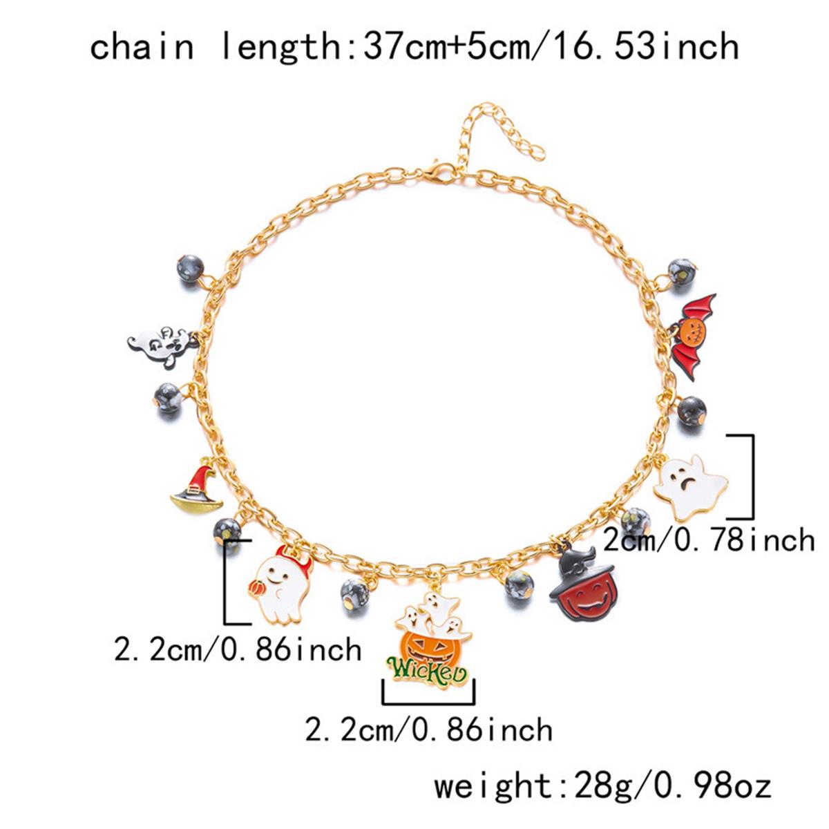 

Halloween Enamel Pendant Necklace18K Gold Plated Chain w/ Pumpkin Ghost Bat Charms Adjustable 37cm+5cm Party Costume Jewelry Gif