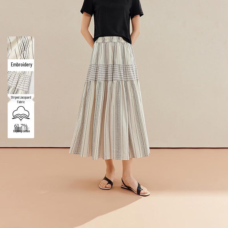 INMAN Embroidered Striped A-Line Midi Skirt M