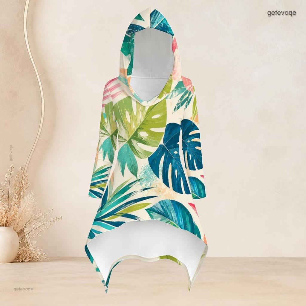 Women Plus Size Two Piece Set Hooded Long Sleeve High Low Top Tropical Leaf Printed Fitted Pants