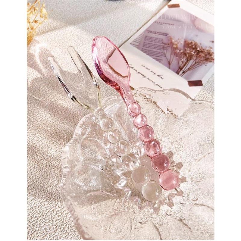 Glass Beads Pastry Glass Tableware Spoon Fork Creative Primary Color Pink Green Glass Spoon Spoon Household
