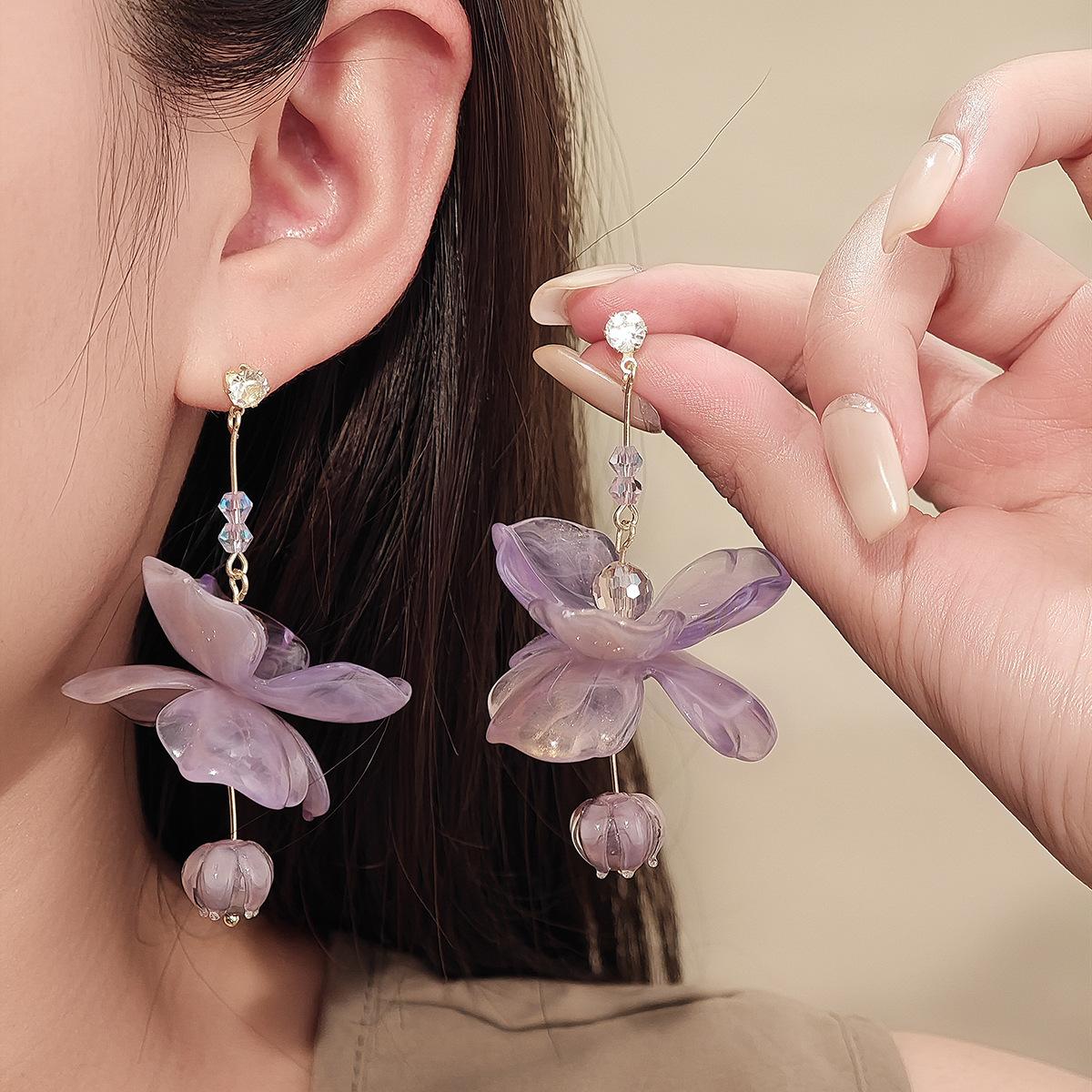 Romantic Purple Diamond-Encrusted Flower Earrings Super Fairy Mori Small Fresh Girlish Earrings Sweet Fairy Style