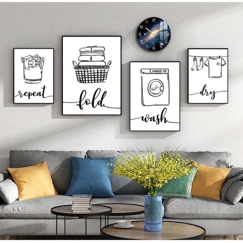 Sign Black White Pictures Bathroom Home Decor Modular Wall Art Print Canvas Painting Nordic Poster Wash Dry Fold Repeat Laundry