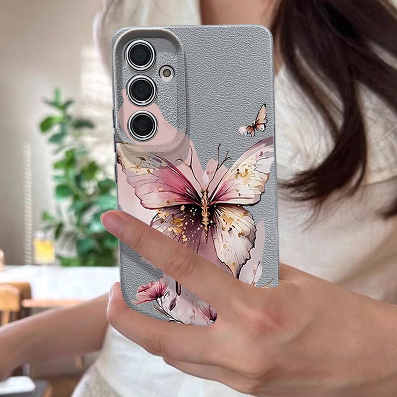 Pink Butterfly Watercolor Pattern Case For Samsung Galaxy A57 A56 A55 A54 5G A37 A36 A35 A34 A26 A25 A17 A16 A15 A14 Leather Texture Silicone Cover