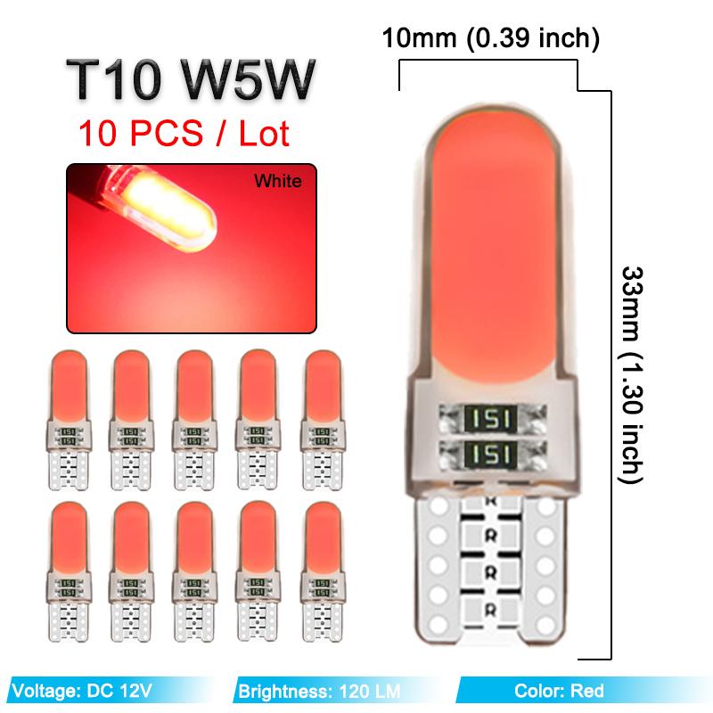 

10 шт. Светодиодные лампы T10 W5W COB 12V 7500K Белый Автомобильные клиновидные боковые сигнальные огни Подсветка салона Дверные купольные лампы Багажника Лампы номерного знака Силиконовые T10