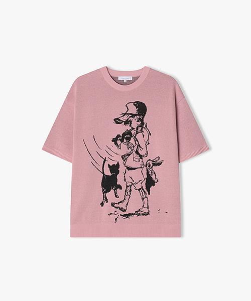River Classy [25Ss] Llm51520 Pink Artwork Jacquard Round Neck Short Sleeve Knit 95