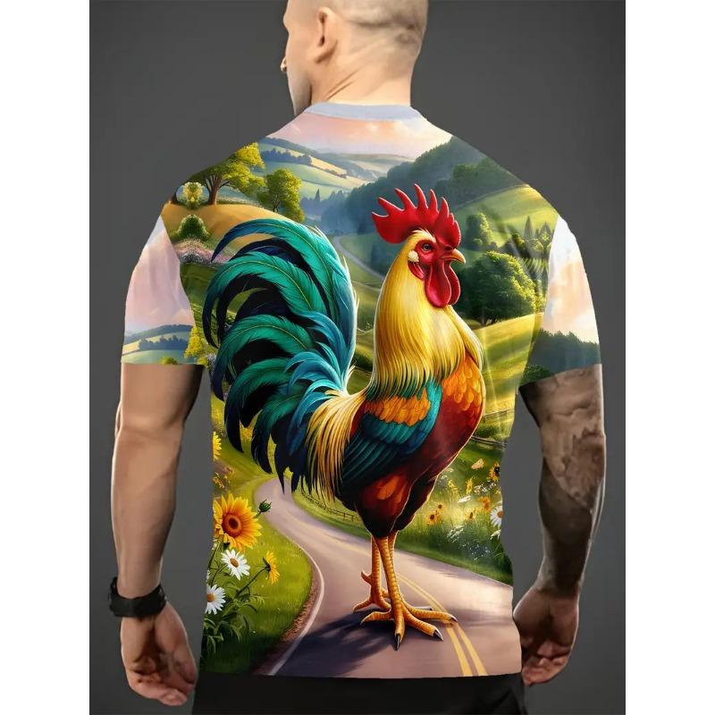 Men's 3D Rooster Printed T-shirt Humorous Digital Printed Short Sleeved T-shirt Breathable Polyester Round Neck Casual