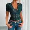 2026 Spring Summer New Solid Color Slim Fit V-Neck Short Sleeve Shirt Lace Trim Can Be Worn Out Women's Versatile Top