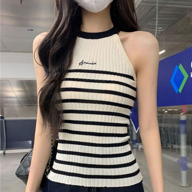 

Вязаный свитер с полосками и вышивкой букв на бретелях, майка, женский топ-халтер, без рукавов one size абрикосовый