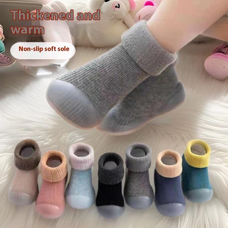 Baby Walking Socks, Autumn and Winter with Thick Velvet and Soft Sole, Anti Slip Shoes for Boys and Girls, Pure Cotton Socks