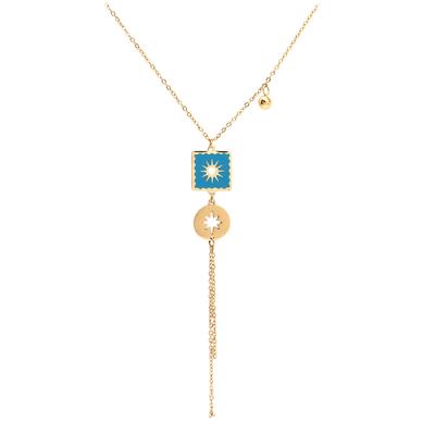 [Q5025] - Designer Steel Necklace 'Etoile Du Nord' Turquoise Gold - 75x10 Mm