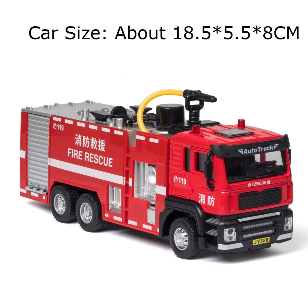 1:50 Smoke Exhaust Fire Truck Water Tank Car Model Toy Doors Opened Pull Back Models Sound Light Cars for Boys Festival Gifts