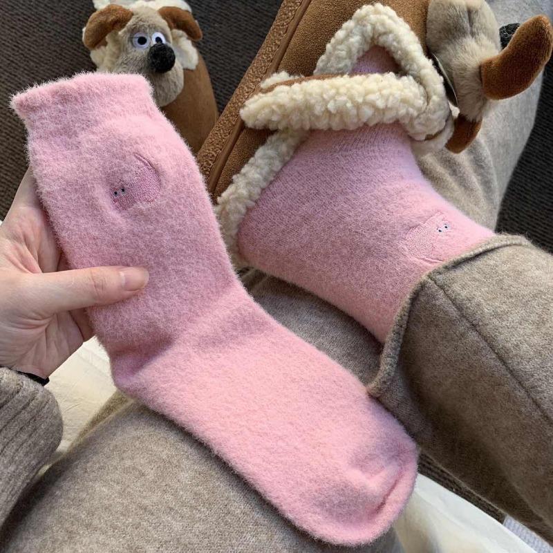 1/3pairs Cute Cat Patterned Thickened Mid-Calf Socks Autumn Winter Warm Mink Coral Velvet Homewear Sleep Floor Soft Sock Sox