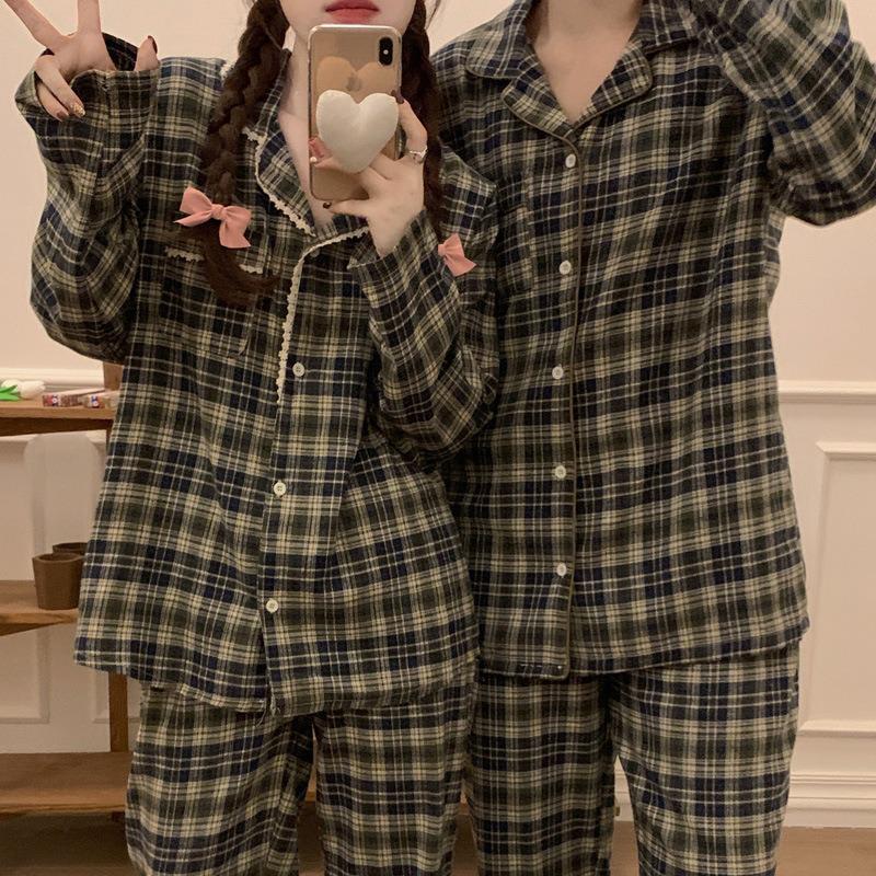 Japanese & Korean Style Couple's Plaid Lace Long-Sleeve Pajama Set