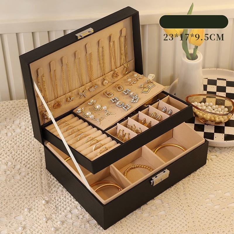 Classic Leather Jewelry Box With Multiple Layers For Elegant Storage Of Earrings Rings And Necklaces