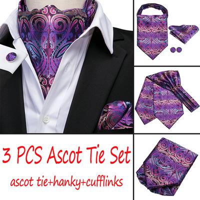 Purple Paisley Ascot Necktie Set Silk Wide Tie Handkerchief Cufflinks for Wedding