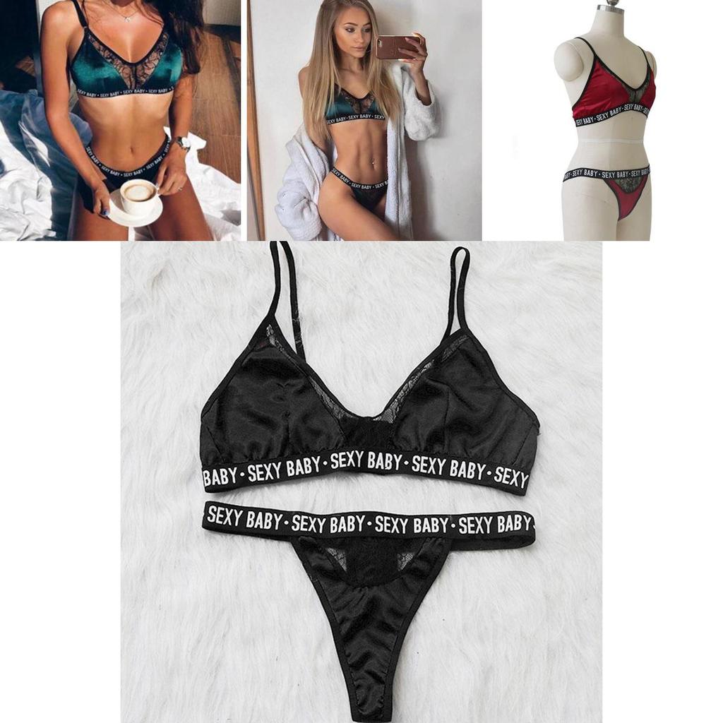 Elegantes Sexy Baby-Buchstaben-Print BH- und Höschen-Dessous-Set mit zarten Spitzenverzierungen