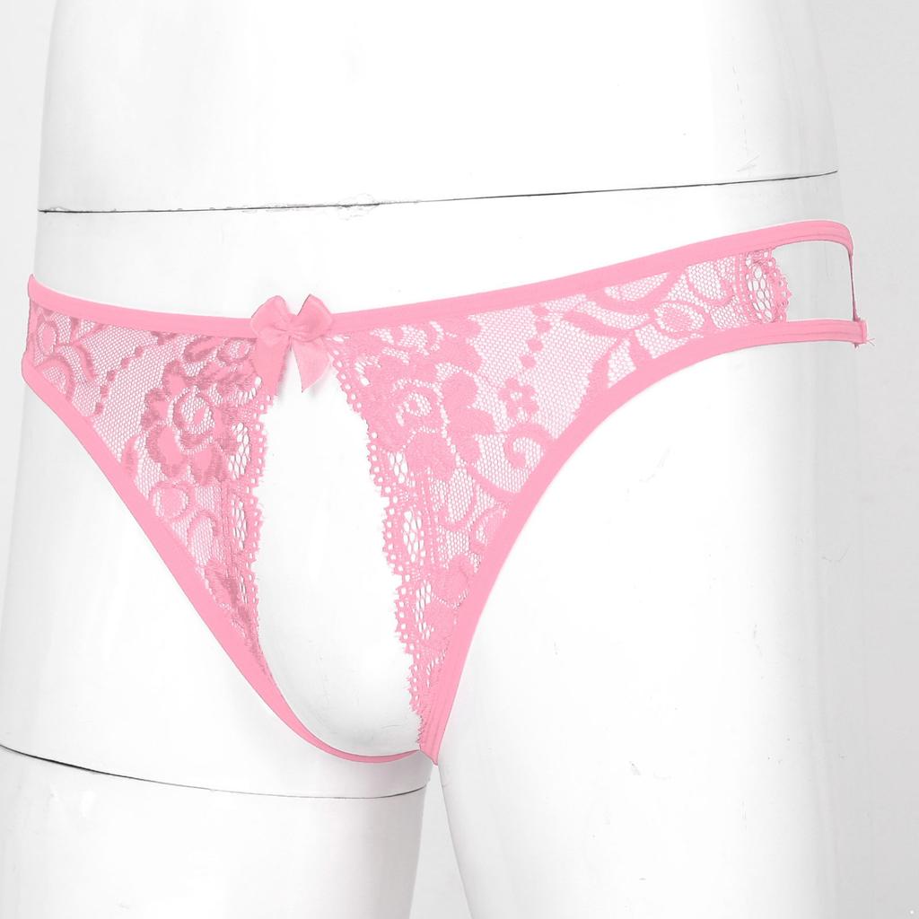 Men Sissy Panties Floral Lace Sheer Hollow Out Low Rise G-String Thongs Crossdresser Lingerie