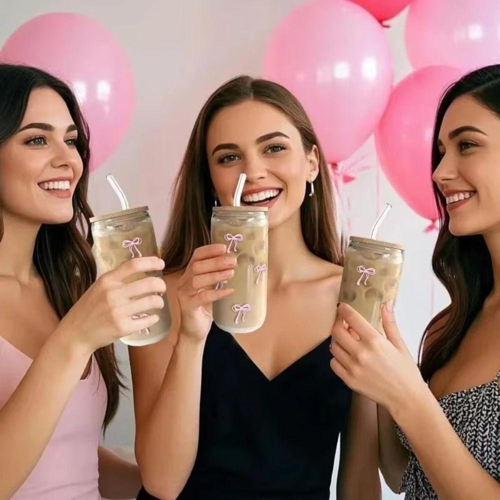 Cute 500ml Bow Glass Cups with Lids and Straw Drinkware Container Tumbler Cups Coffee Cups Kitchen Bar
