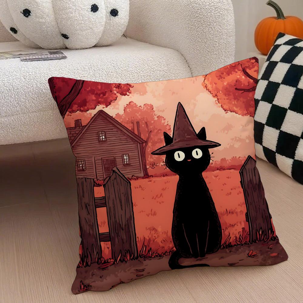 Character Spooky Halloween magic cat Cushion Cover Throw Pillow Cover Hidden Button Durable Polyester Chair Cushion