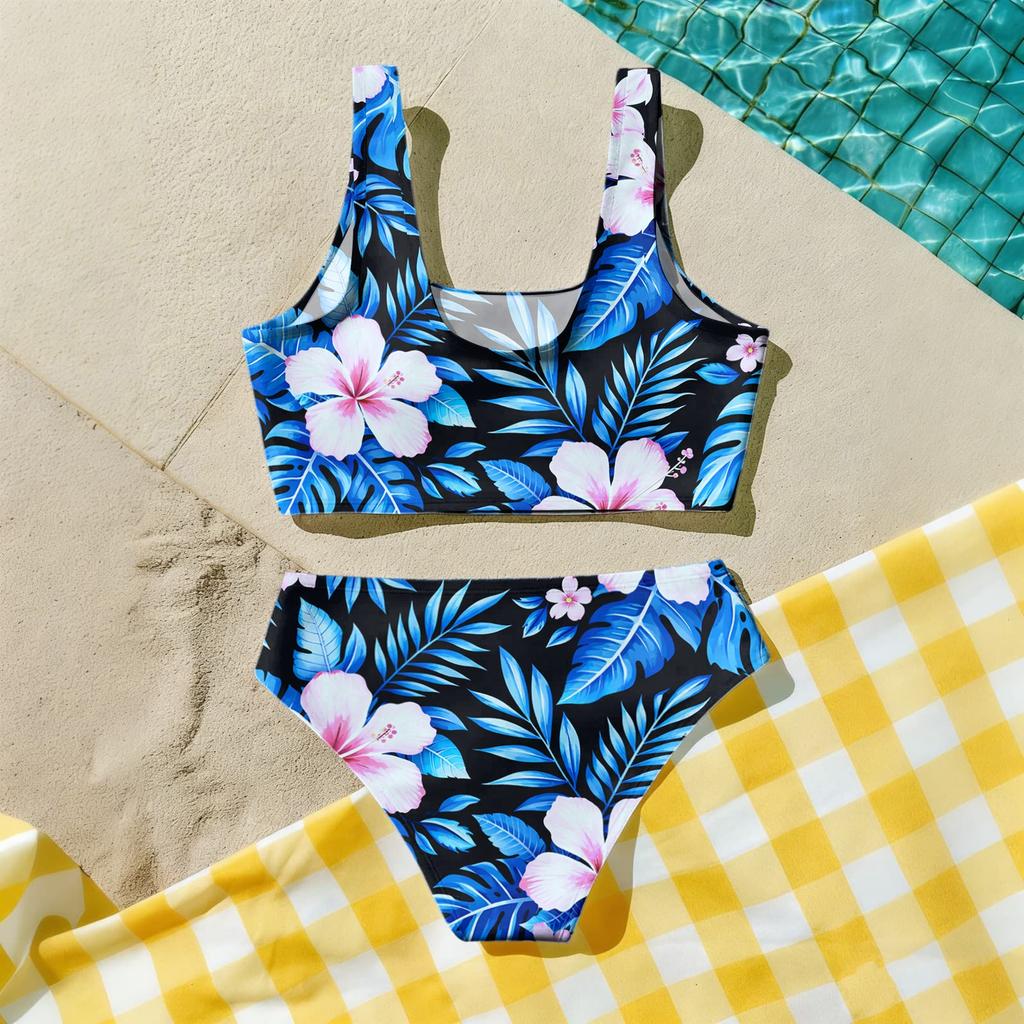 Girls Two Piece Swimsuit Set Hawaiian Print Tankini Top and High Waist Bottom Summer Beach Swimwear for Kids