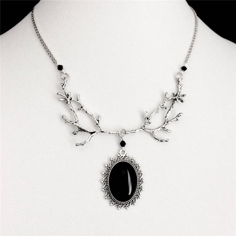 Fashion Gothic Silver Color Tree Branch Oval Lacework Black Imitation Gemstone Pendant Necklace for Women Men Halloween Jewelry